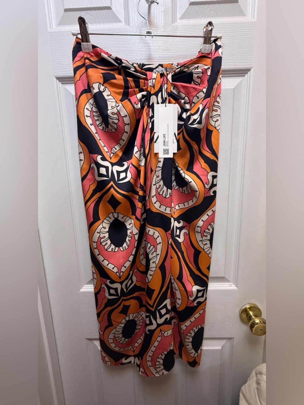 ZARA Multicolor Coral Orange Black Cream Printed Top